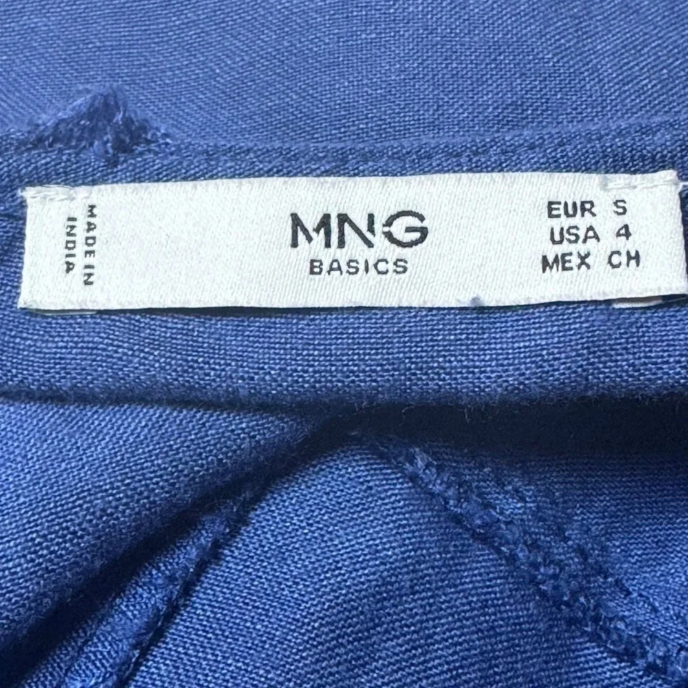 Mango MNG Basics Blue Linen Blend Button Front Romper‎ Tie Waist Women Size 4 S